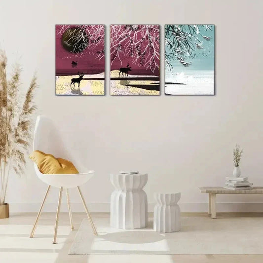 3pcs Sika Deer, Seabirds, and Snowy Landscape Metal Print Ready to Hang Art