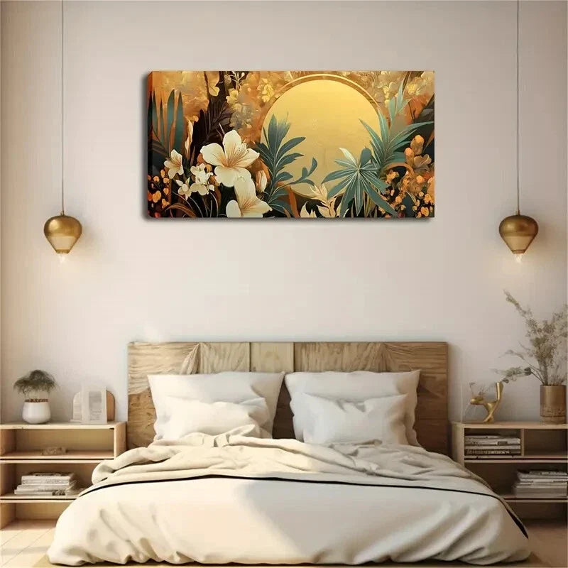Gold Circular Pattern Botanical Wall Art Canvas Office Home Room Framed 120x60cm