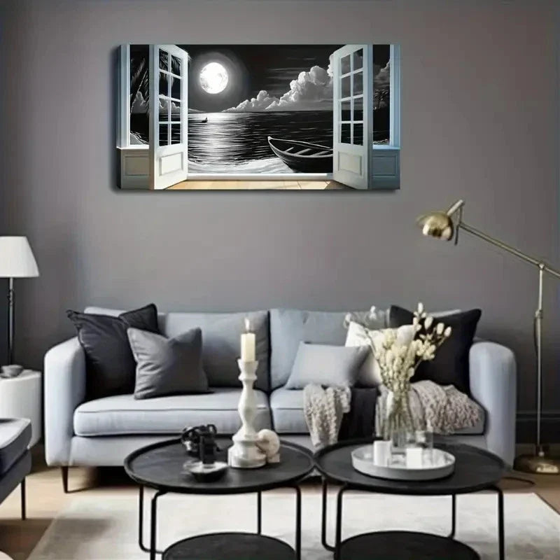 Seascape With Moonlit Ocean Wall Art Canvas Office Home Room Framed 120x60cm