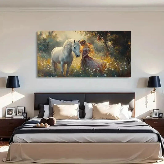 White Horse & Girl Fantasy Wall Art Canvas Office Home Room Framed 120x60cm