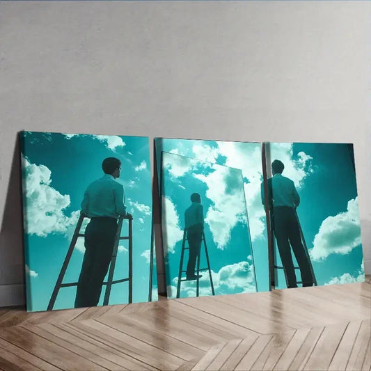 3pcs   Surreal Film Triptych with Ladder & Sky Wall Art Set Canvas Framed 40x60cm - High Quality Print 100% Australian Made Wall Canvas Ready to Hang