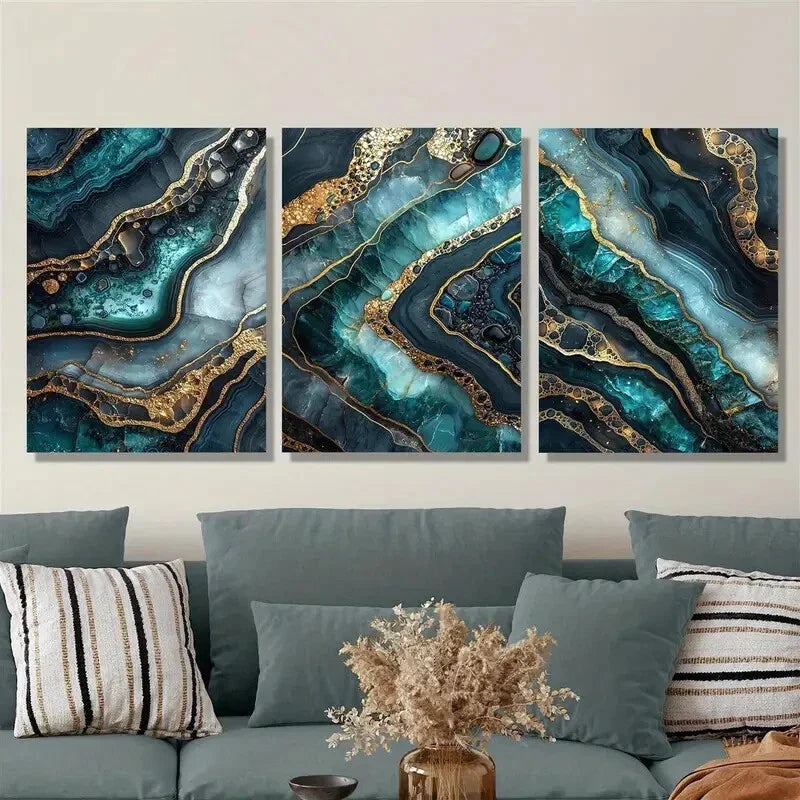 3pcs Green gold marble texture mural, light luxury Metal Print Ready to Hang Art