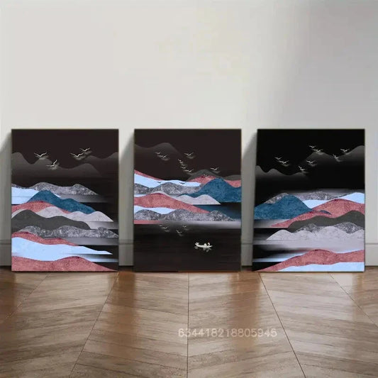 3pcs Distant mountains, landscape art deco poster Metal Print Ready to Hang Art