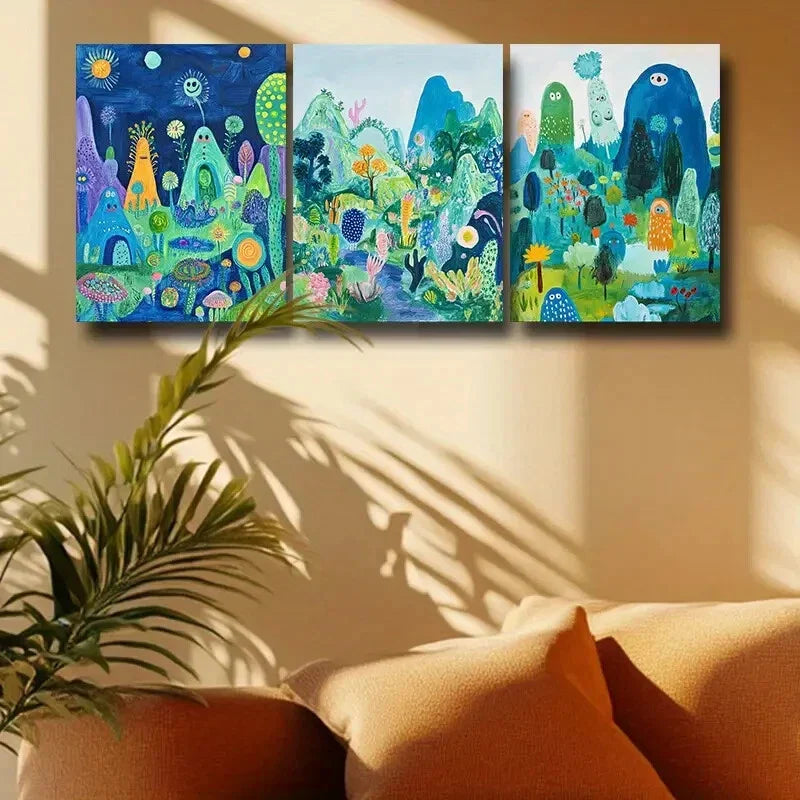 3pcs Whimsical Nature Scenes with Mushrooms Metal Print Ready to Hang Art