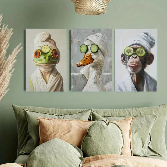 3pcs Featuring a Monkey, Duck, And Frog Metal Print Ready to Hang Art