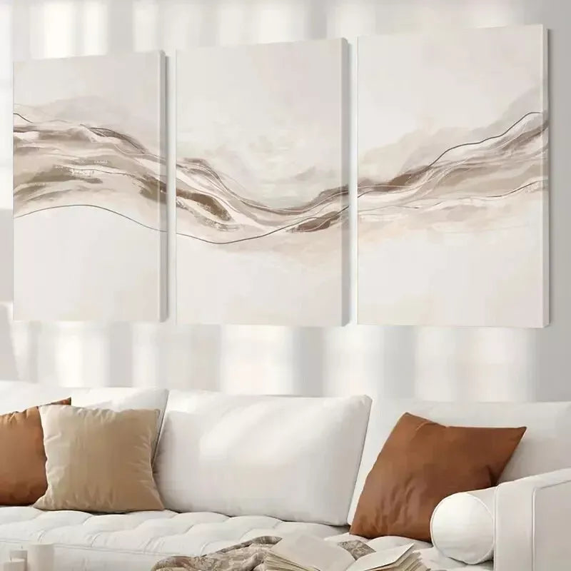 3pcs Beige Wavy Lines Artwork Canvas Framed 40x60cm - High Quality Print 100% Australian Made Wall Canvas Ready to Hang