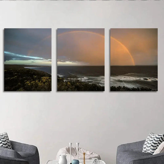 3pcs Serene Coastal Rainbow Landscape Metal Print Ready to Hang Art