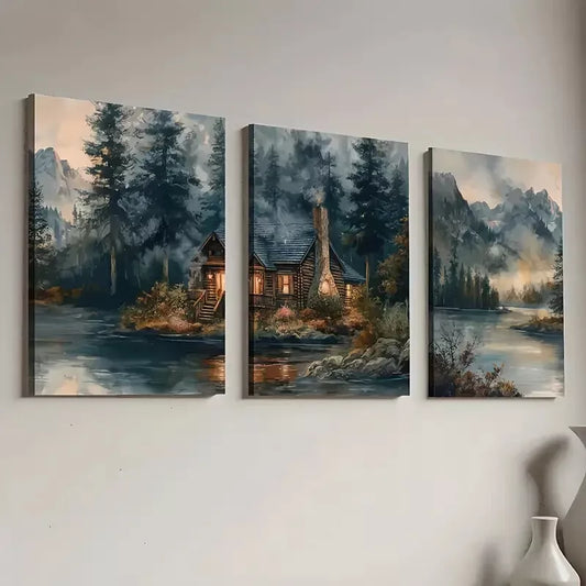 3pcs Modern Forest Mountain Cabin Landscape Wall Art Set Canvas Framed 40x60cm - High Quality Print 100% Australian Made Wall Canvas Ready to Hang