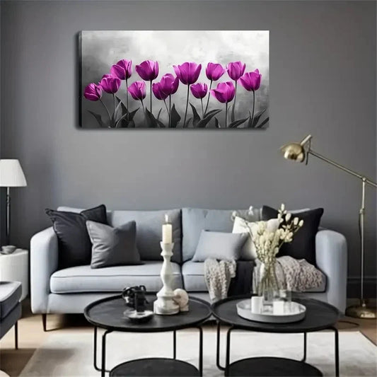 Purple Tulip Abstract Style Wall Art canvas office home room framed 120x60cm