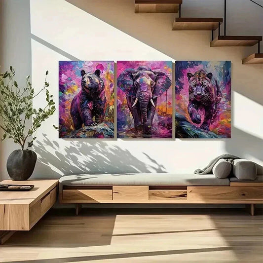 3pcs Colorful Bear Elephant And Leopard Wall Art Set Canvas Framed 40x60cm - High Quality Print 100% Australian Made Wall Canvas Ready to Hang