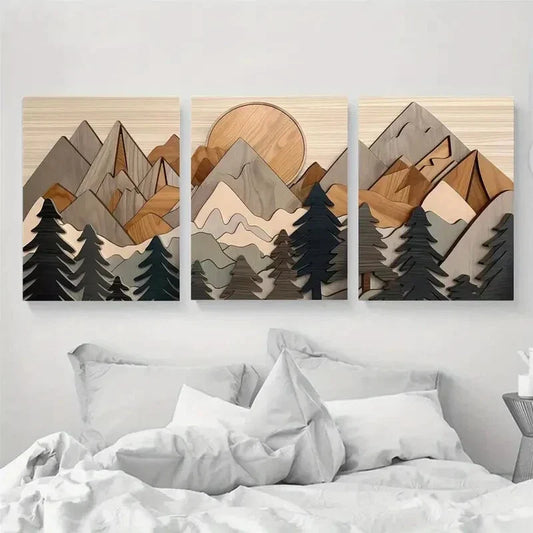 3pcs  rustic wood effect art, forest art painting Metal Print Ready to Hang Art