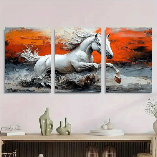 3pcs Abstract Galloping Horse Dark White Light Metal Print Ready to Hang Art