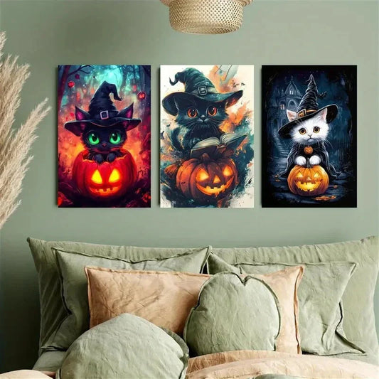 3pcs Spooky Black Cats in Witch Hats Metal Print Ready to Hang Art