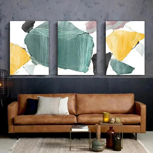 3pcs Yellow Green Marble Modern Metal Print Ready to Hang Art