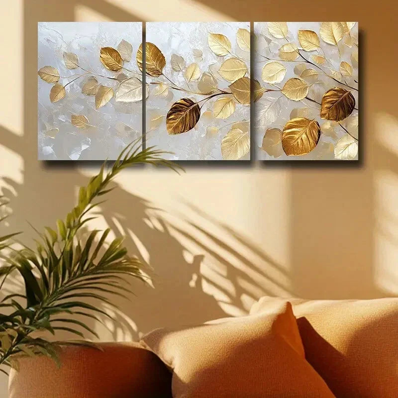 3pcs Modern & Contemporary Style Golden Leaf Metal Print Ready to Hang Art
