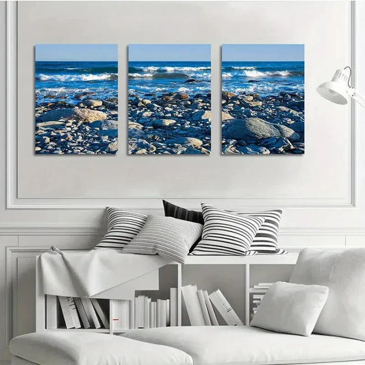 3pcs Ocean Beach Wood &amp; Stone Stones Seascape Metal Print Ready to Hang Art