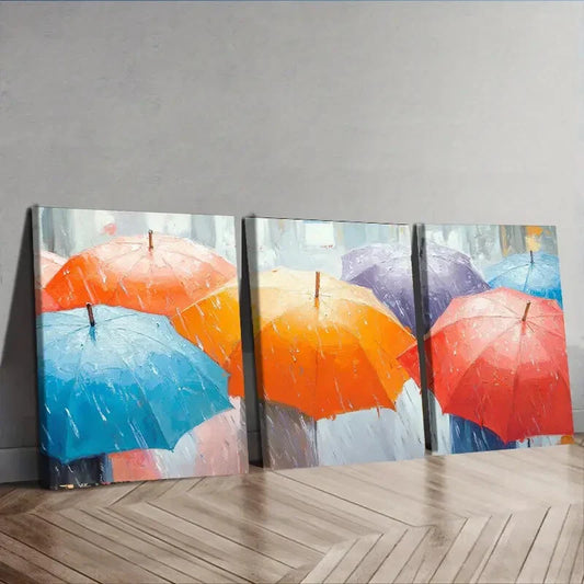 3pcs A Painting of Umbrellas in the Rain Perfect Wall Art Set Canvas Framed 40x60cm - High Quality Print 100% Australian Made Wall Canvas Ready to Hang