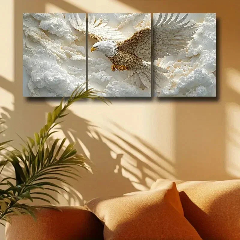 3pcs Embossed Eagle with Golden Wings Cloud Design Metal Print Ready to Hang Art