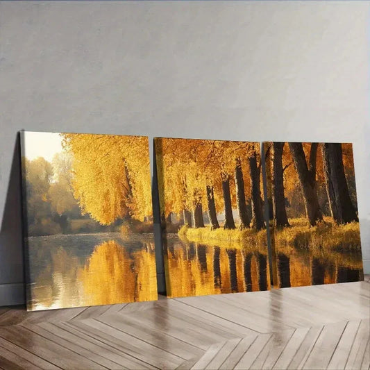 3pcs Golden autumn trees along the river  Wall Art Set Canvas Framed 40x60cm - High Quality Print 100% Australian Made Wall Canvas Ready to Hang
