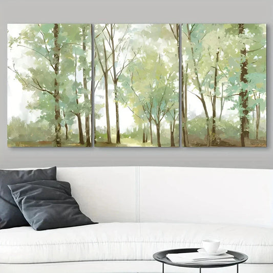 3pcs Abstract Big & Tall Green Trees Oil Painting Metal Print Ready to Hang Art