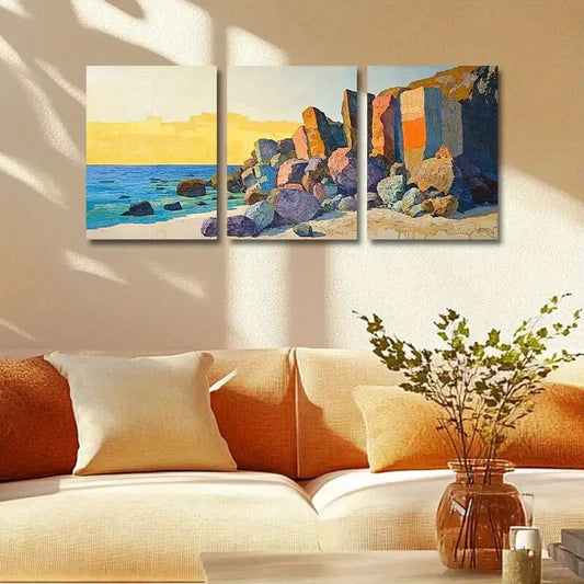 3pcs Seaside with Large Rocks Metal Print Ready to Hang Art