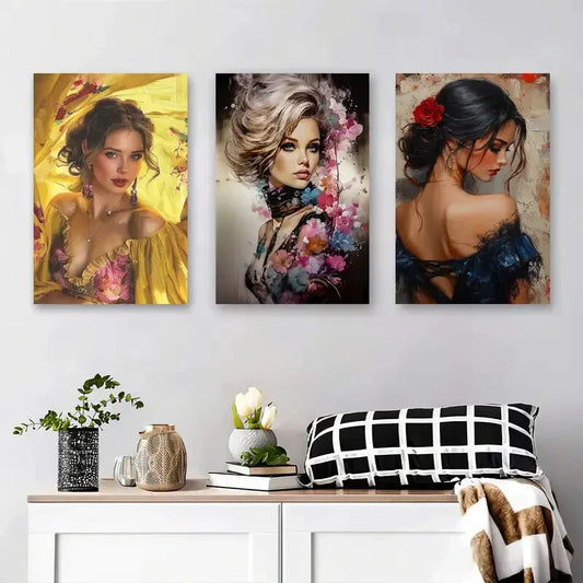 3pcs Elegant Female Figures with Bright Flowers Metal Print Ready to Hang Art