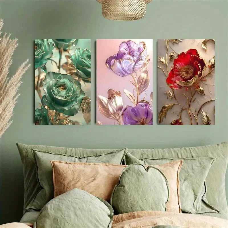3pcs Artificial Jade Rose Golden and Purple Floral Metal Print Ready to Hang Art