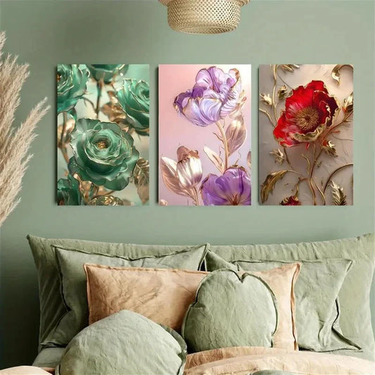 3pcs Artificial Jade Rose Golden and Purple Floral Metal Print Ready to Hang Art