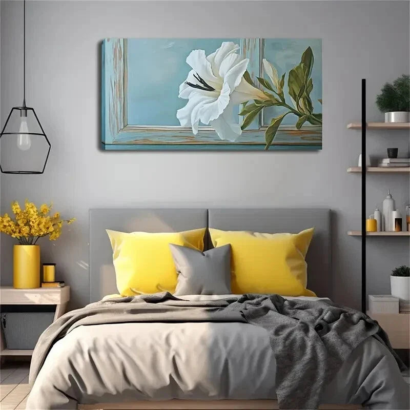 White Flower with Black Stamens Wall Art Canvas Office Home Room Framed 120x60cm