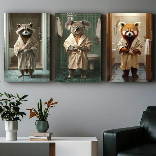 3pcs Animals Wearing Bathrobes Metal Print Ready to Hang Art