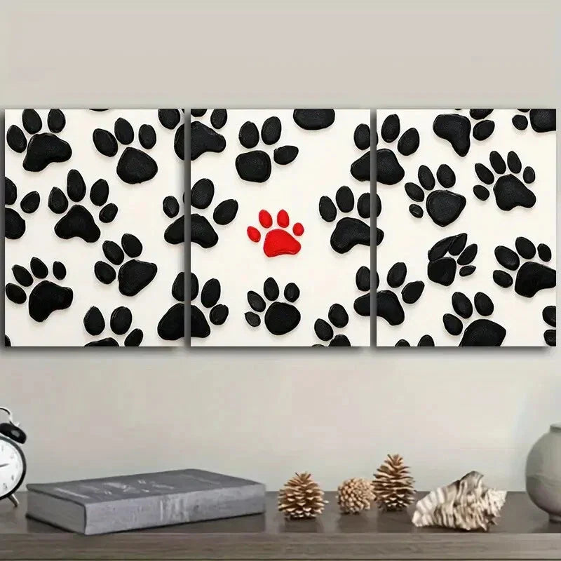 3pcs Black White Dog Paw Prints with Red Accent Wall Art Set Canvas Framed 40x60cm - High Quality Print 100% Australian Made Wall Canvas Ready to Hang