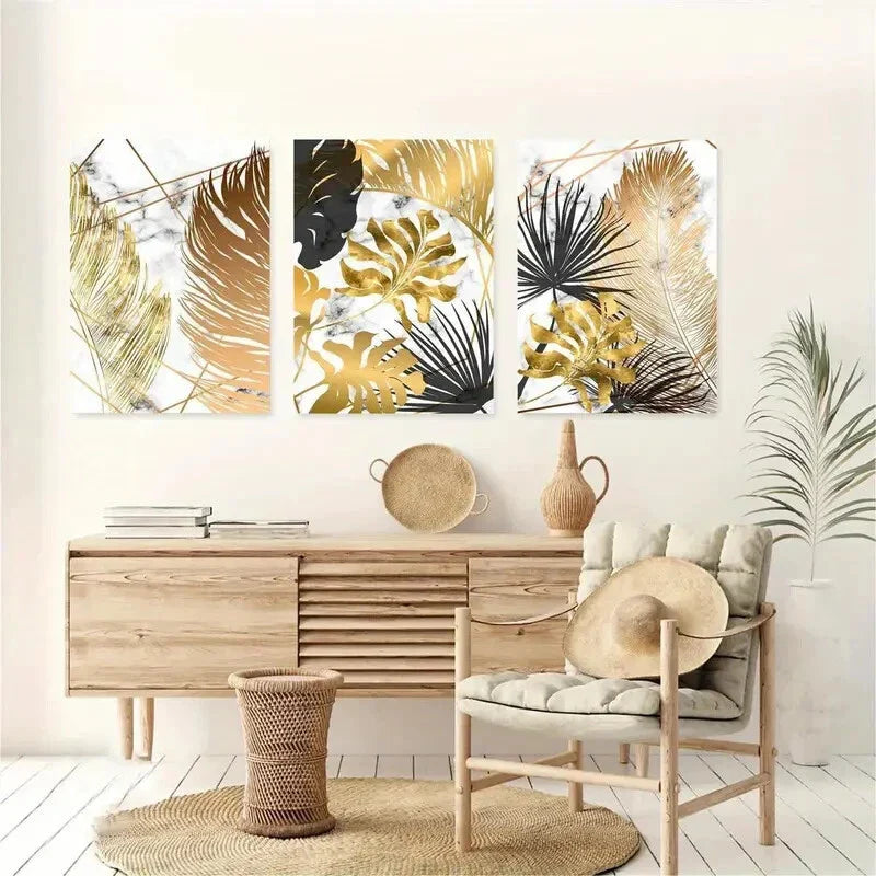 3pcs Tropical Leaves Golden Plants Art Design Metal Print Ready to Hang Art