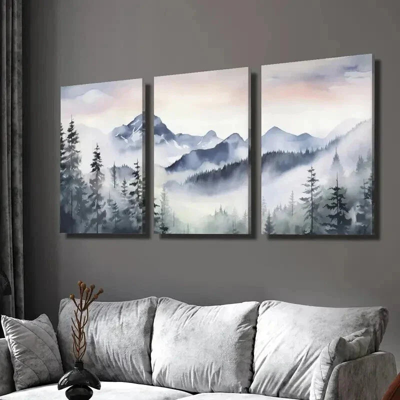 3pcs Blue Snow Mountain Valley Forest Wall Art Set Canvas Framed 40x60cm - High Quality Print 100% Australian Made Wall Canvas Ready to Hang