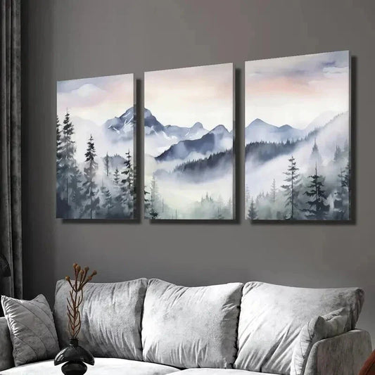 3pcs Blue Snow Mountain Valley Forest Wall Art Set Canvas Framed 40x60cm - High Quality Print 100% Australian Made Wall Canvas Ready to Hang