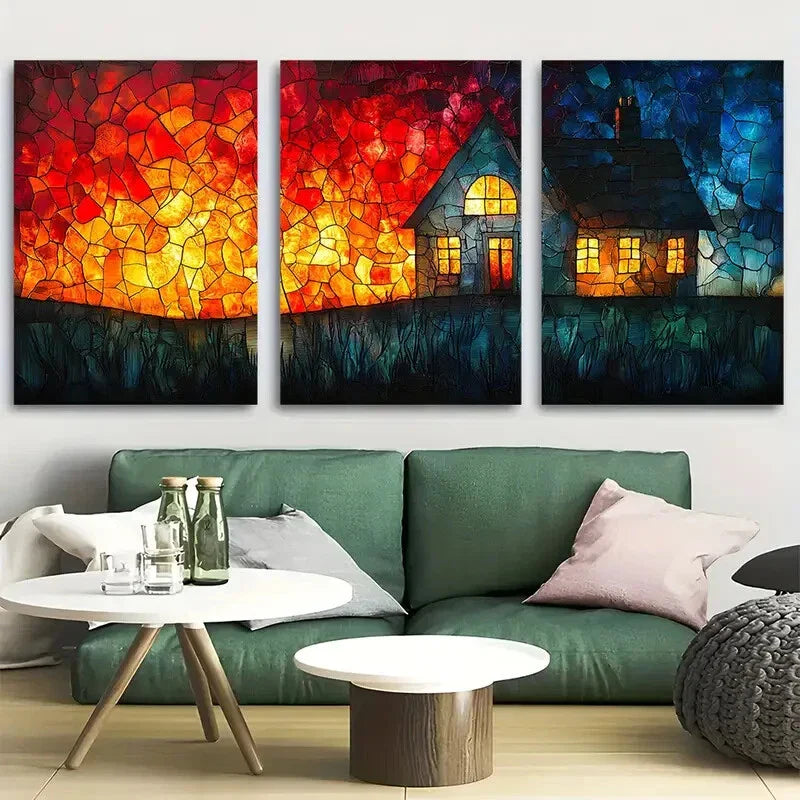 3pcs Vibrant Stained Glass Cottage On Fire Metal Print Ready to Hang Art