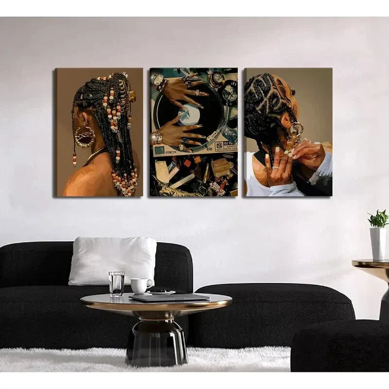 3pcs Boho Fashion Black Girl Painting Metal Print Ready to Hang Art