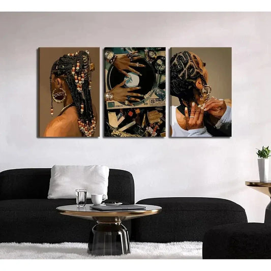 3pcs Boho Fashion Black Girl Painting Metal Print Ready to Hang Art