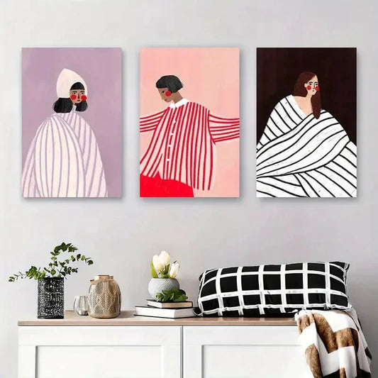 3pcs Minimalist Figures with Stripes and Bold Metal Print Ready to Hang Art