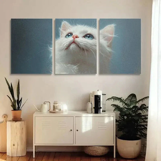 3pcs Fluffy Feline with Blue Eyes on Soft Blue Metal Print Ready to Hang Art