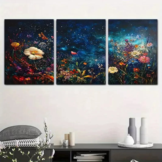 3pcs Modern Aesthetic Starry Sky Floral Night Wall Art Set Canvas Framed 40x60cm - High Quality Print 100% Australian Made Wall Canvas Ready to Hang