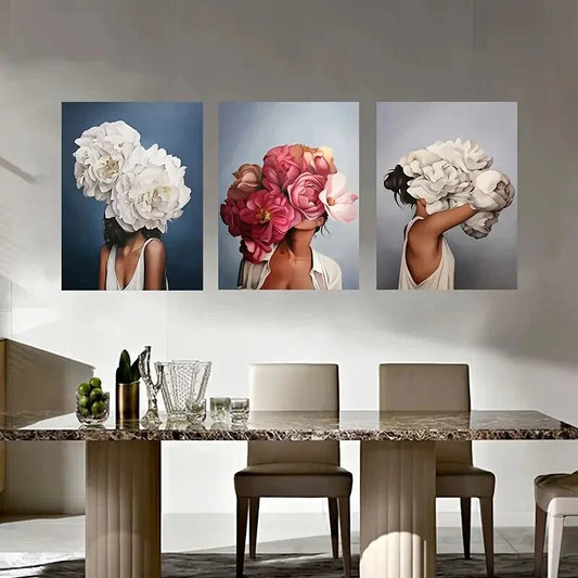 3pcs Unique Creative Head Flower Women Metal Print Ready to Hang Art