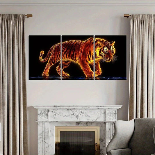 3pcs Abstract Animal Glowing Tiger Bengal Metal Print Ready to Hang Art