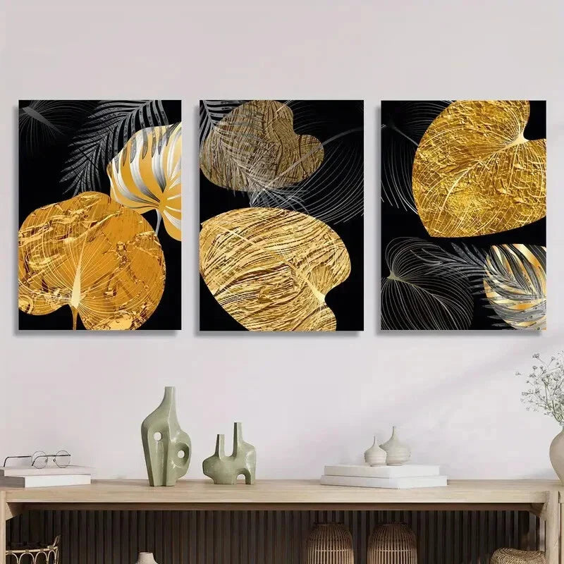 3pcs abstract geometric golden oil painting style Metal Print Ready to Hang Art