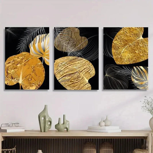 3pcs abstract geometric golden oil painting style Metal Print Ready to Hang Art