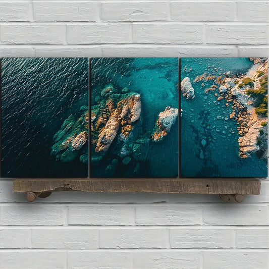 3pcs Rocky Coastline Stones Blue Water Metal Print Ready to Hang Art