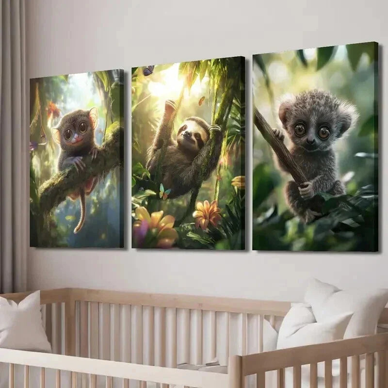 3pcs Adorable Tarsier & Sloth in Lush Greenery Wall Art Set Canvas Framed 40x60cm - High Quality Print 100% Australian Made Wall Canvas Ready to Hang