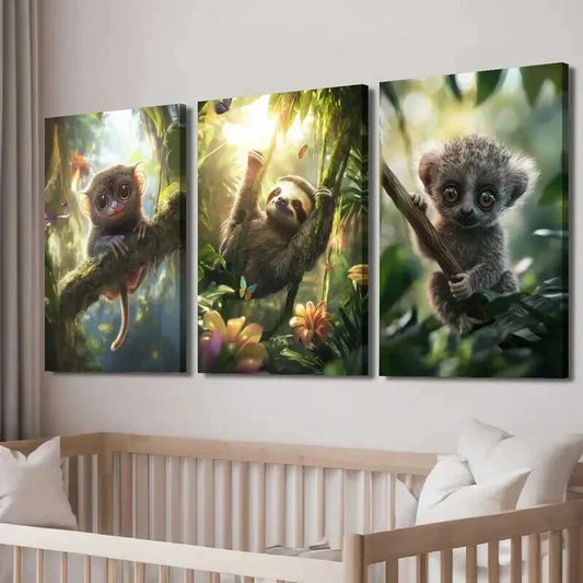 3pcs Adorable Tarsier & Sloth in Lush Greenery Wall Art Set Canvas Framed 40x60cm - High Quality Print 100% Australian Made Wall Canvas Ready to Hang