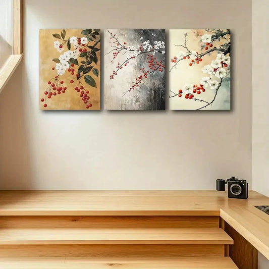 3pcs Red Berry with White Florals Design Metal Print Ready to Hang Art