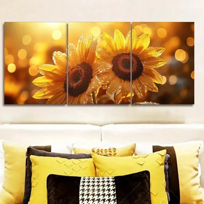 3pcs Sunflower Morning Dew Design Metal Print Ready to Hang Art