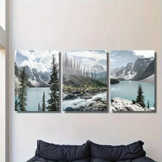 3pcs Snowy Mountains, Forest & Turquoise Lake Metal Print Ready to Hang Art